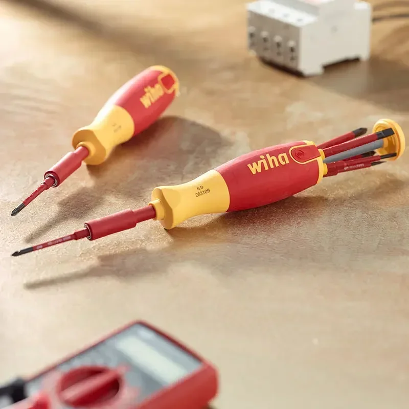 Wiha  6-In-1 1000V Insulated Electrician Screwdriver with Bit Magazine LiftUp Screwdriver with 6 SlimBits 166 Grams 38611