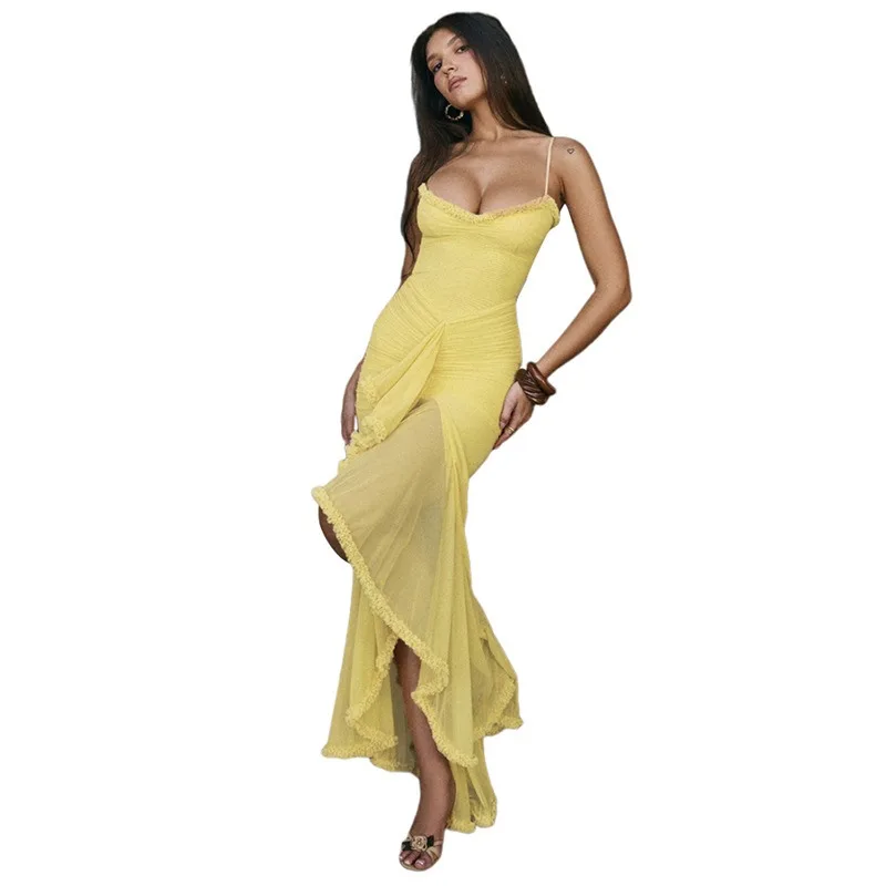 2025 spring and summer women's new style sexy backless mesh suspender solid color personality long skirt slim dress