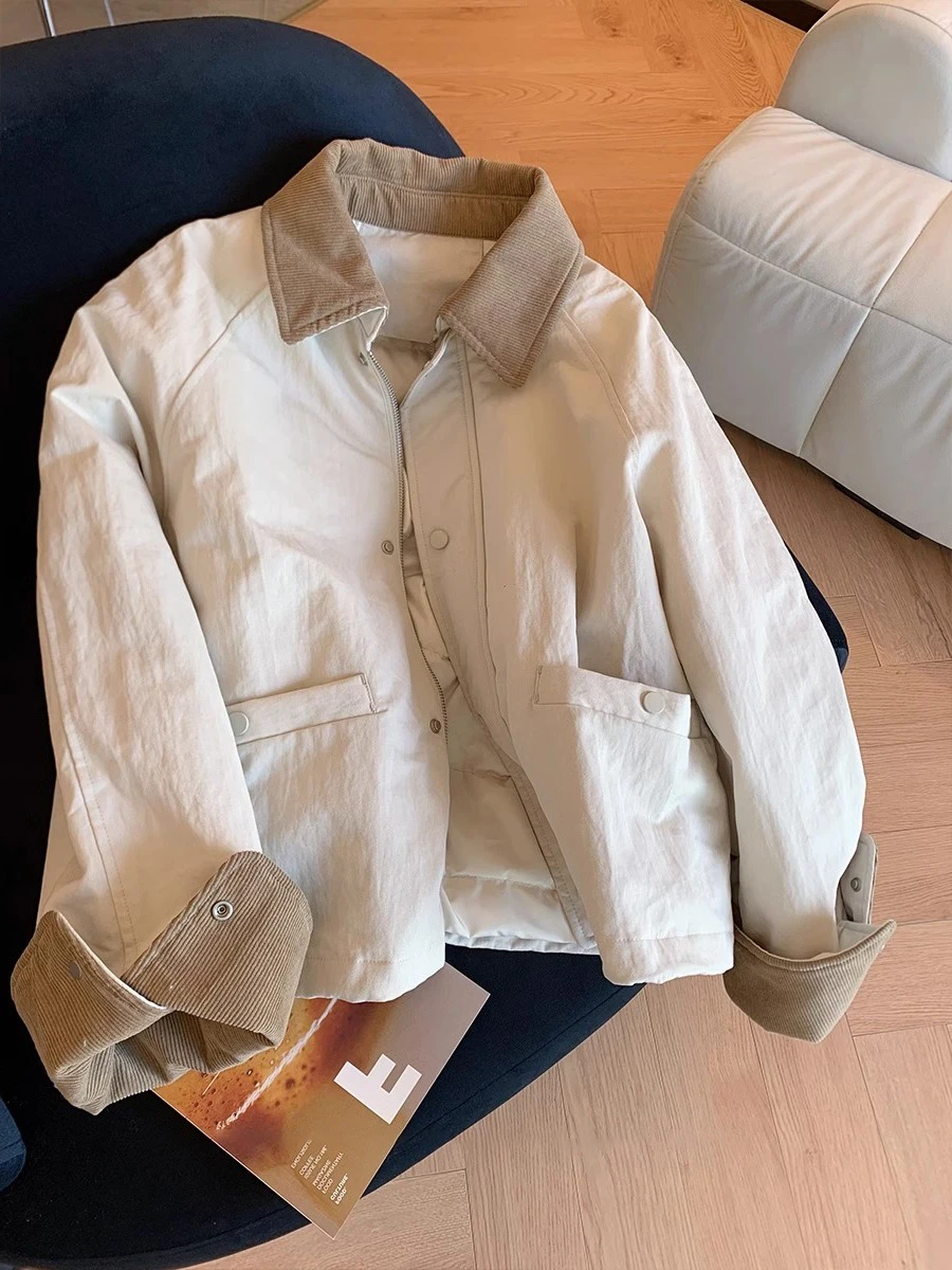 

Vintage Contrast Color Splicing Collar Cotton Jaet Men Women Autumn Winter Warmth Sense Retro Sle Cotton Outerwear