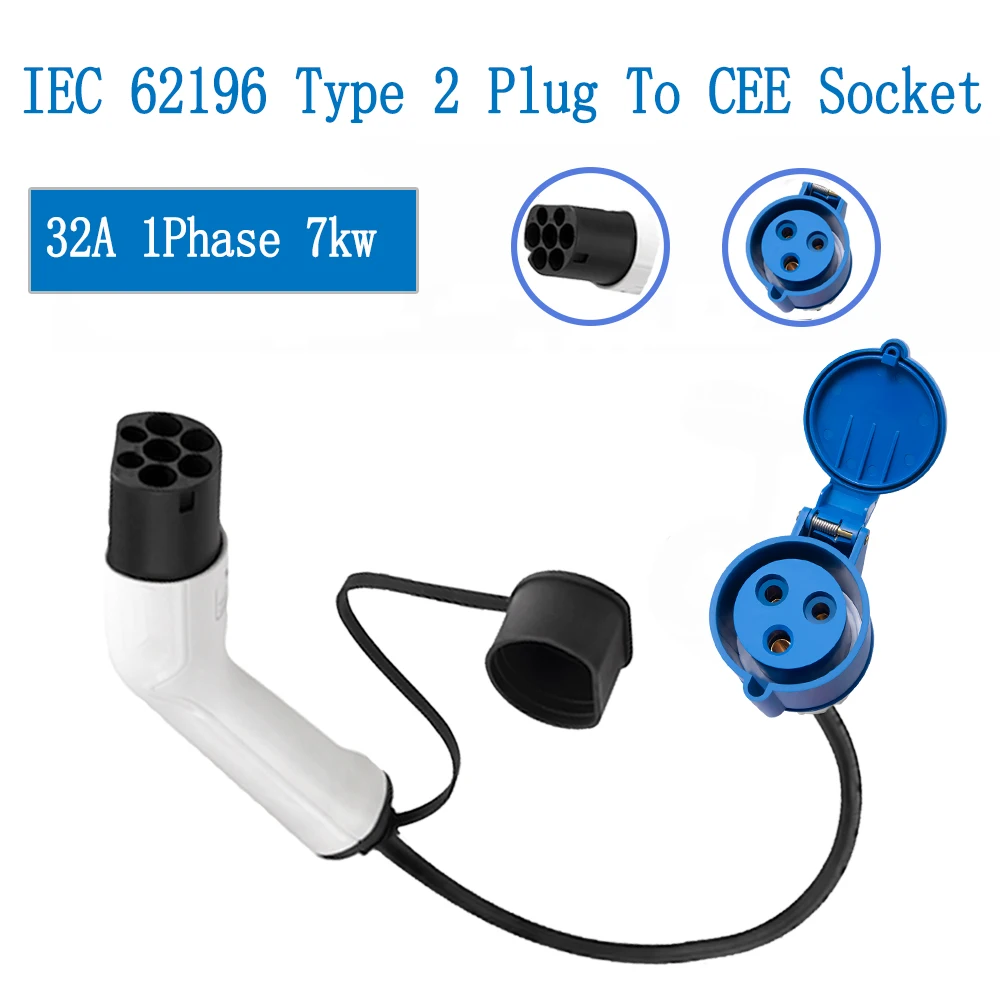 32A Type2 to CEE EV Adaptor Type 2 Male Plug to Cee EVSE Charger Connector Convertor 32A Get Power From Charging Pile