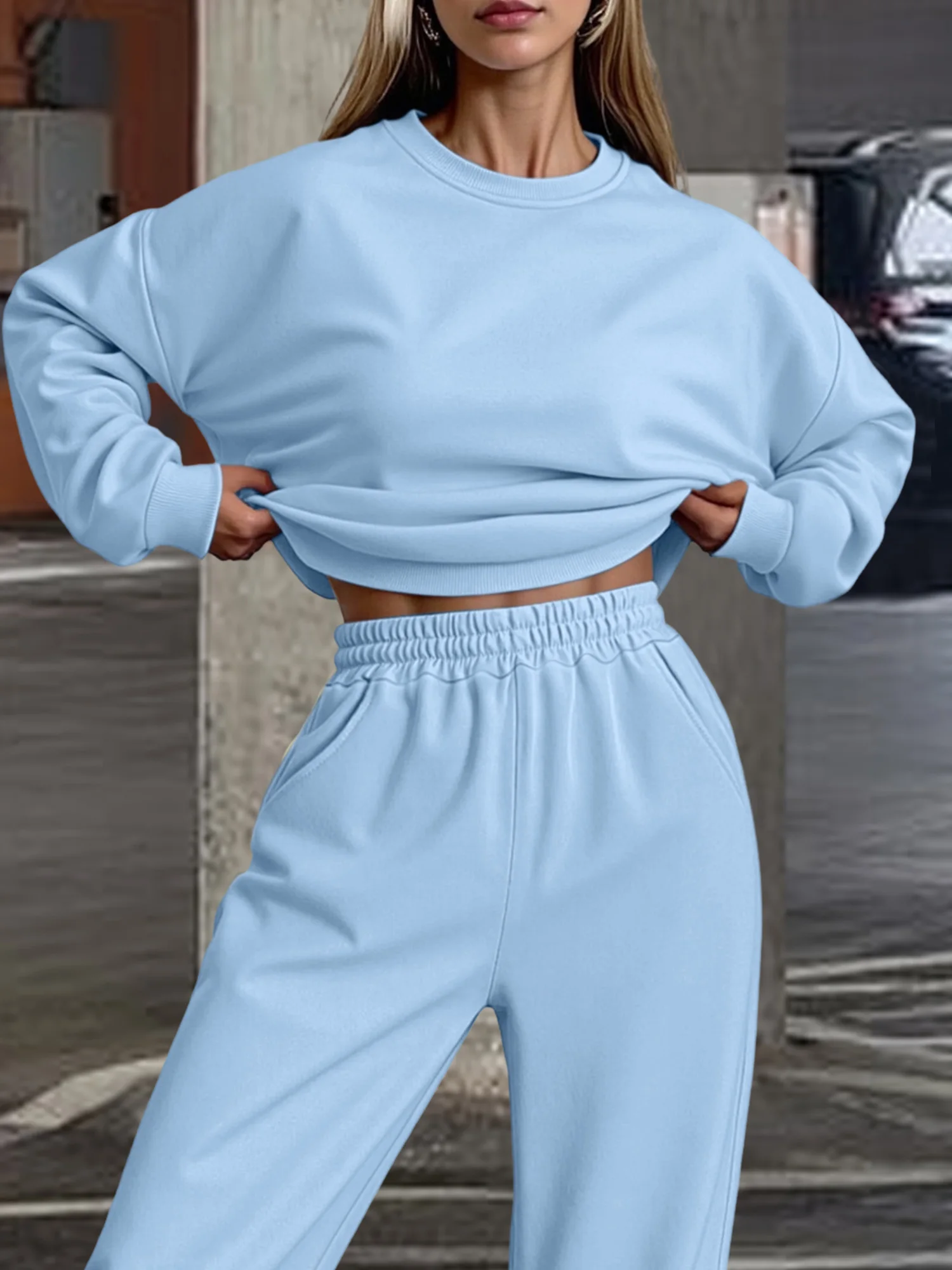 Trendy Relaxed Sweat Outfit, Loose Fit Crewneck Tracksuit for Spring Fall Everyday Wear