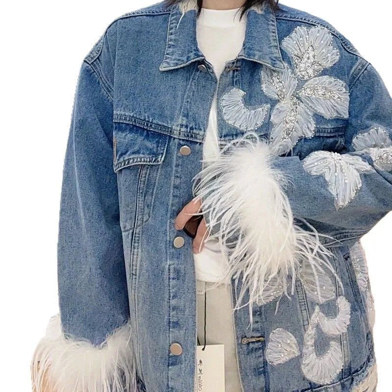 Woman Diamonds Beaded Floral Denim Jacket Spring Lace Splicing Flowers Sequined Jeans Coat 3D Feather Cuff Cowboy Cardigan Tops