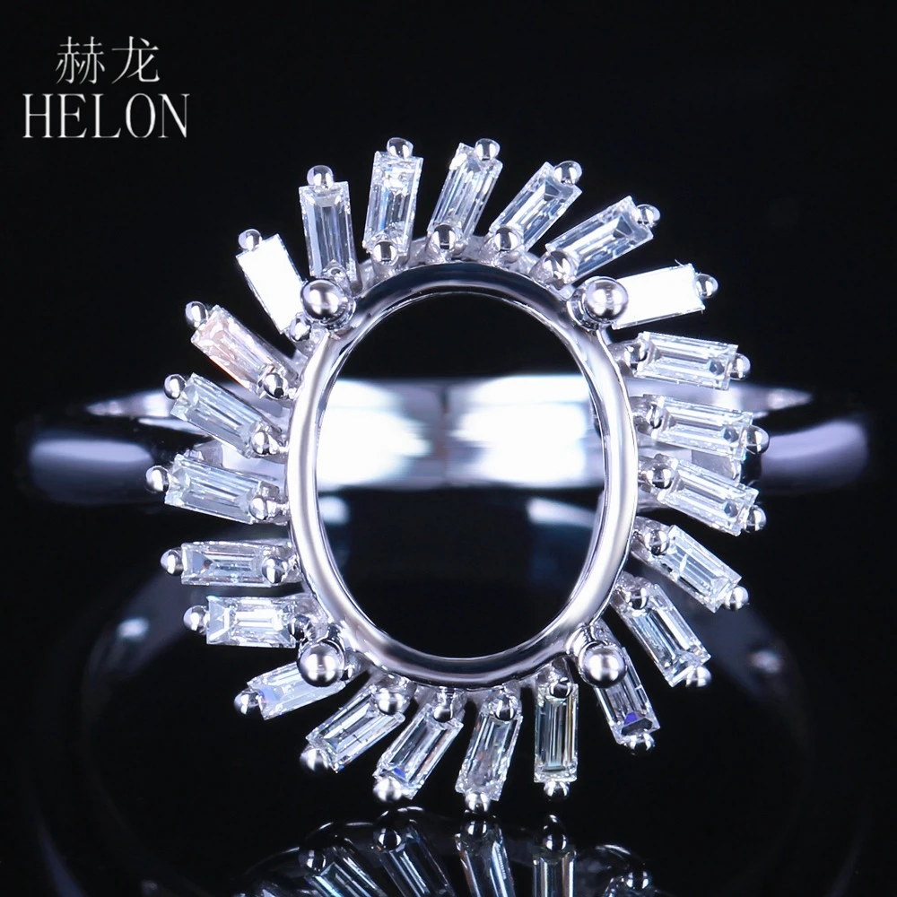 HELON Solid 14K White Gold 0.4ct Baguette Natural Diamonds Semi Mount Engagement Wedding Ring Fit Oval cut 9x7mm-10x8mm