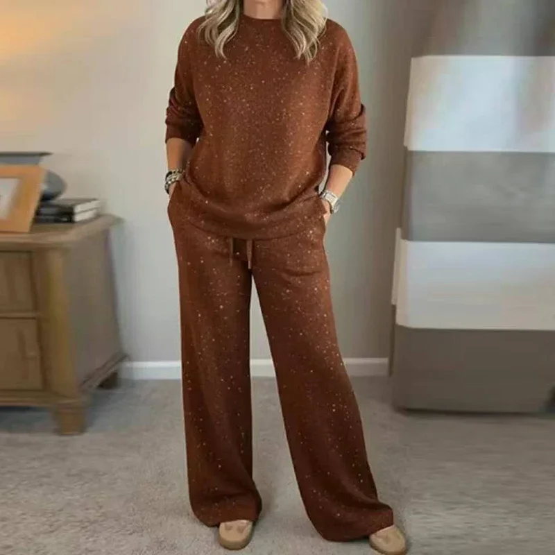 Damski dwuczęściowy zestaw jesienno-zimowy: bluza z długim rękawem i okrągłym dekoltem oraz spodnie ze sznurkiem, damski komplet świąteczny z nadrukiem.