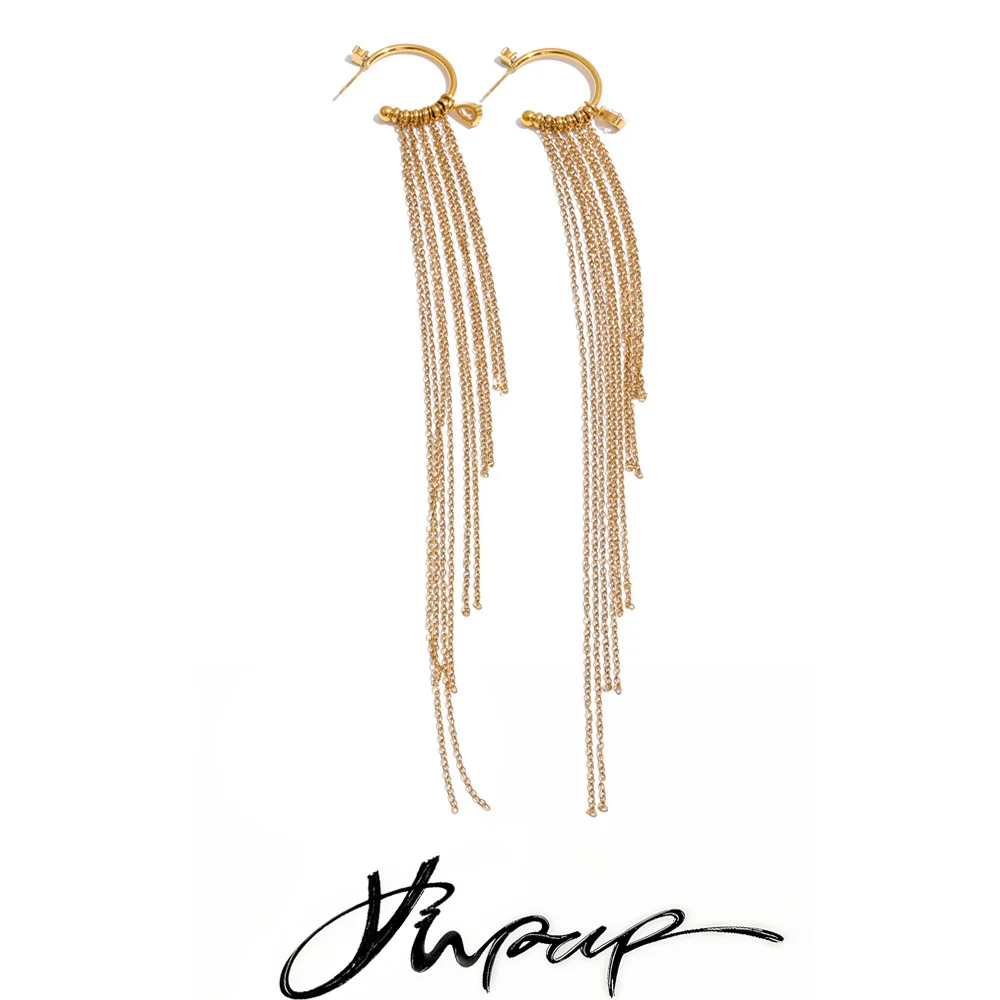Yhpup Edelstahl Lange Quasten-Wasserfall-Ketten-Ohrringe 18K Goldfarbe PVD-beschichtet Eleganter Personalisierter Schmuck