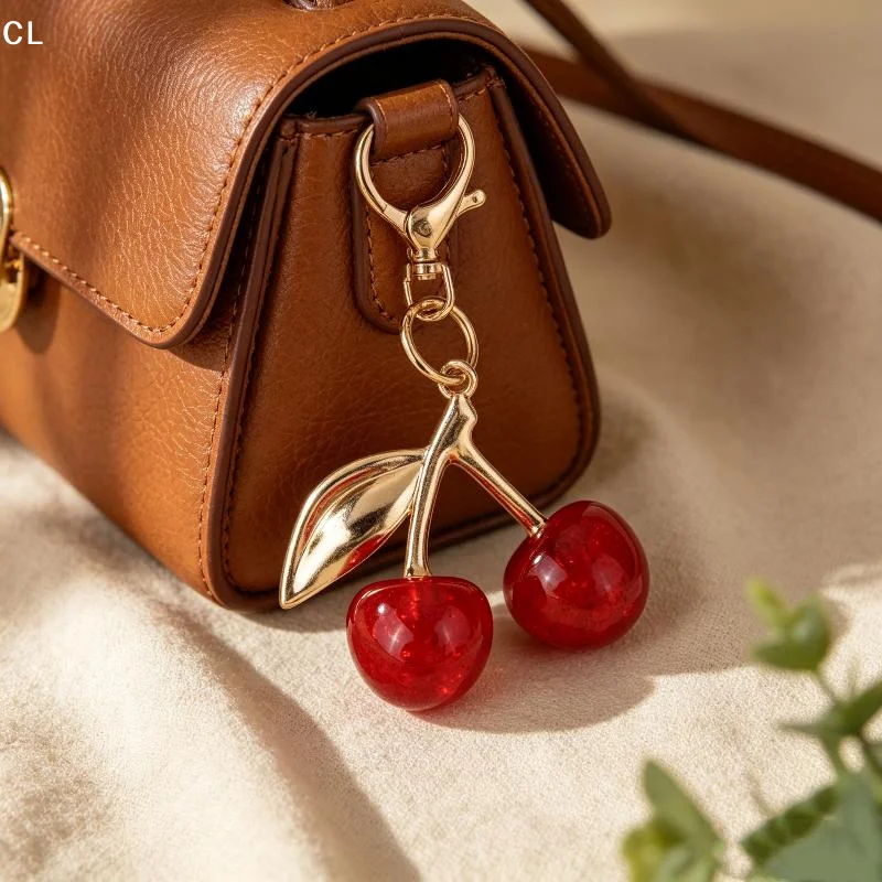 1Pcs Golden Hardware Bag Charm Elegant Retro Fruit Pendant Glitter Resin Cherry Keychain For Handbag And Car Key Decoration