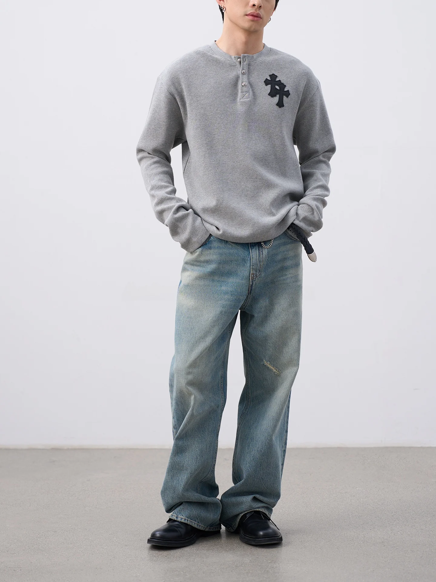 

Мужская трикотажная кофта AETERNUS с длинным рукавом, воротником Хенли, свободного кроя, с кожаной нашивкой и вафельным узором, для повседневной носки и поездок на работу