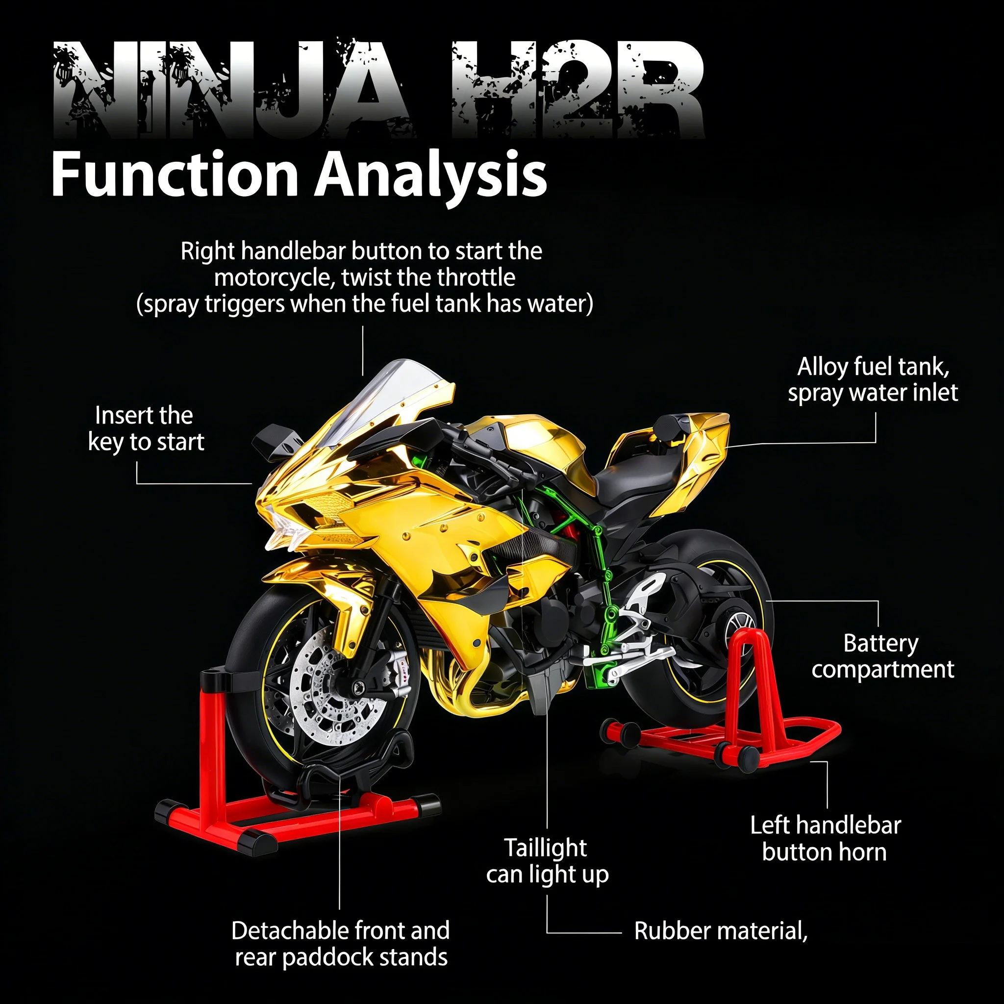 1:9 Ninja H2R With Spray Alloy Motorcycle Model Toy Vehicle Collection Sound and Light Off Road Autocycle Toys Car