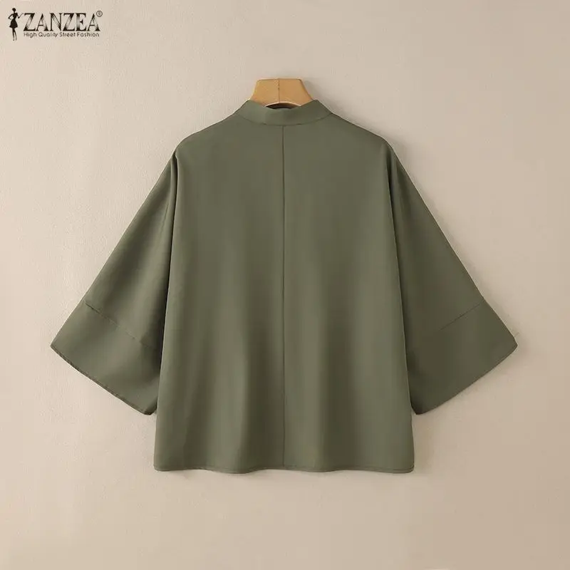 Chemises amples décontractées pour femmes, Vintage, col Mandarin, boutons grenouille, manches 2023, couleur unie, vêtements pour femmes, été 3/4