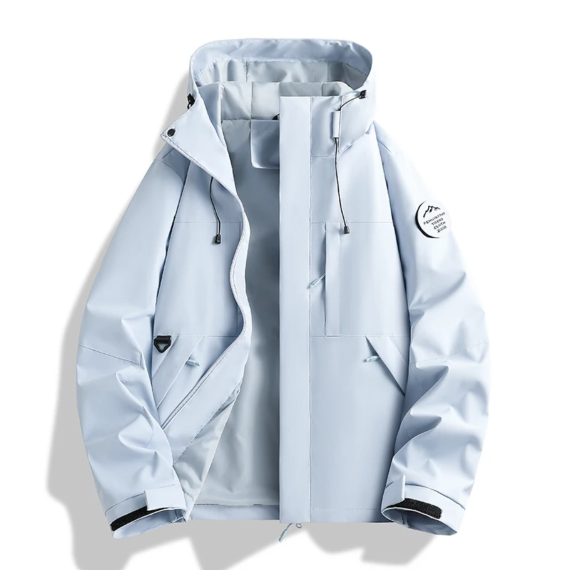 Men Hooded Windbreaker Jacket Waterproof Outdoor Hiking Coat Multi Pocket Drawstring Collar Casual Mountain Shell Jacket