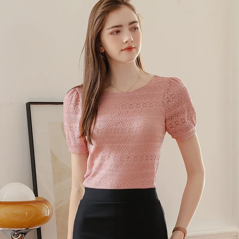 Elegant Tshirt Women 2023 Summer Ladies Lace Short Sleeve Tops Woman O Neck Tee Shirt Clothing Femme T-shirty Officewear