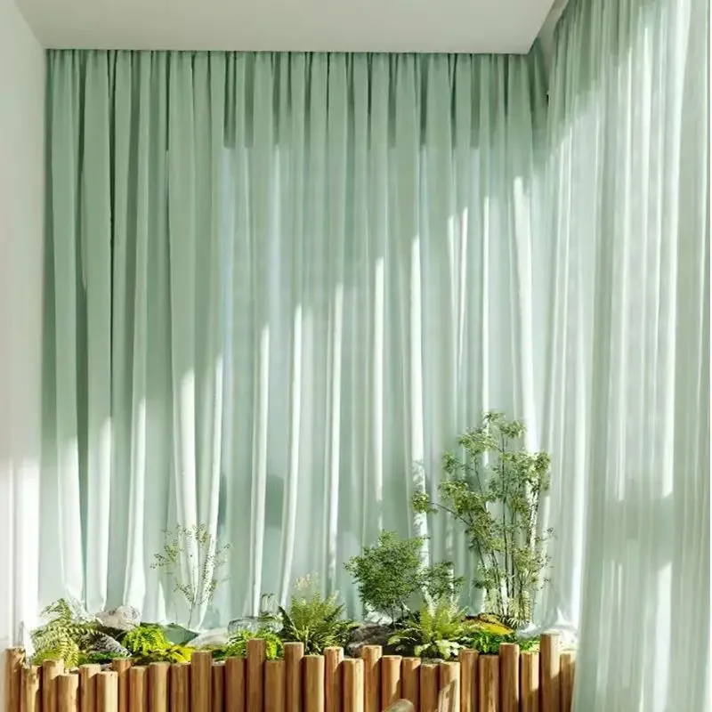 European Simple Pure Color Green Chiffon Tulle Yarn Guaze Curtain Bedroom Living Room 1 Piece Window Bedroom