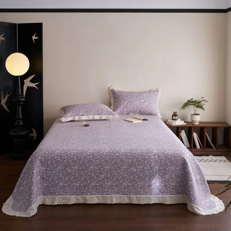 Ruffles Quilted Bedspread Set with Pillowcase Double-layer Gauze Flower Printed Bed Cover Queen Bedspreads Colchas Coverlets