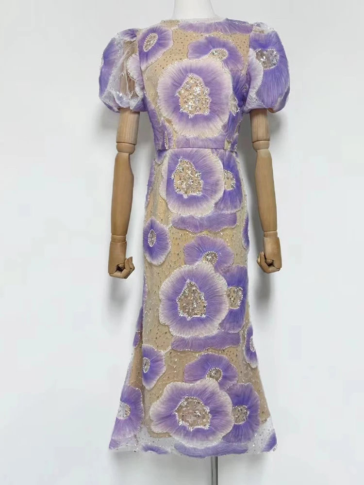Printemps et été 2025 femmes nouvelle bulle manches patch fleur perlée brodée robe à paillettes mince robe de dîner de célébrité