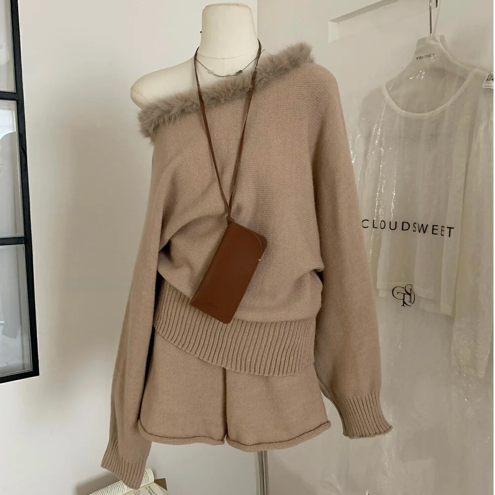 Autunno Inverno Donna Lazy Sle Slim Fit Maglione oulder Bared Top lavorato a maglia con pantaloni ortodontici a vita alta Set da due pezzi