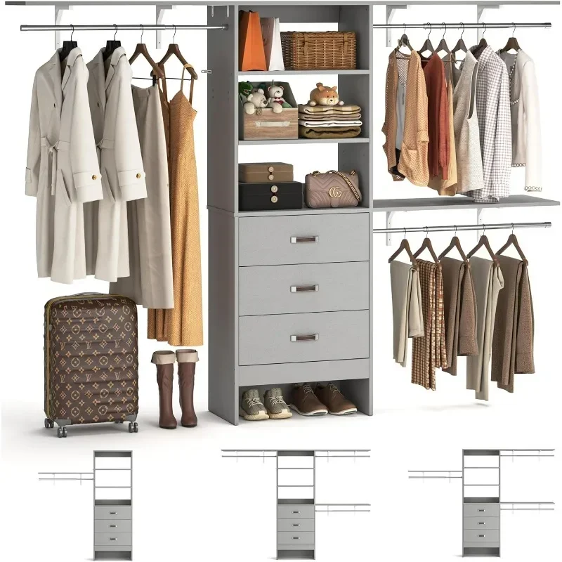 for 8FT Closet System, 96'' Closet Organizer System with 3 Hanging Rods, Wall Mount Bedroom Wardrobe, Adjustable Cloth