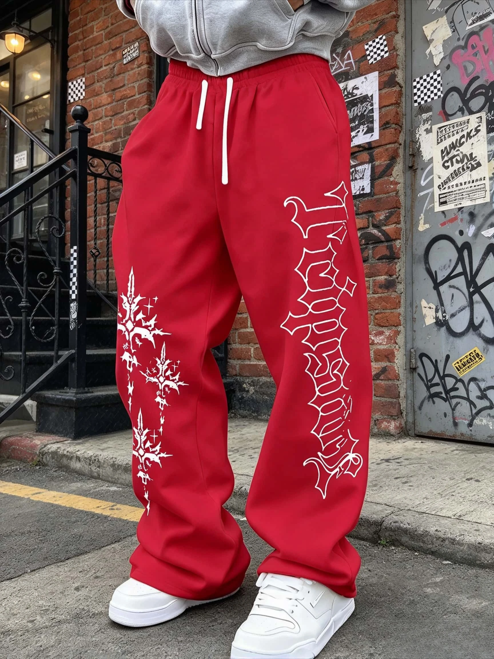 2026 Men Gothic Vertical Graphic Wide Leg Sweatpants Drawstring Loose Straight Baggy Y2K Dark Punk Streetwear Pants.Adults/Kids