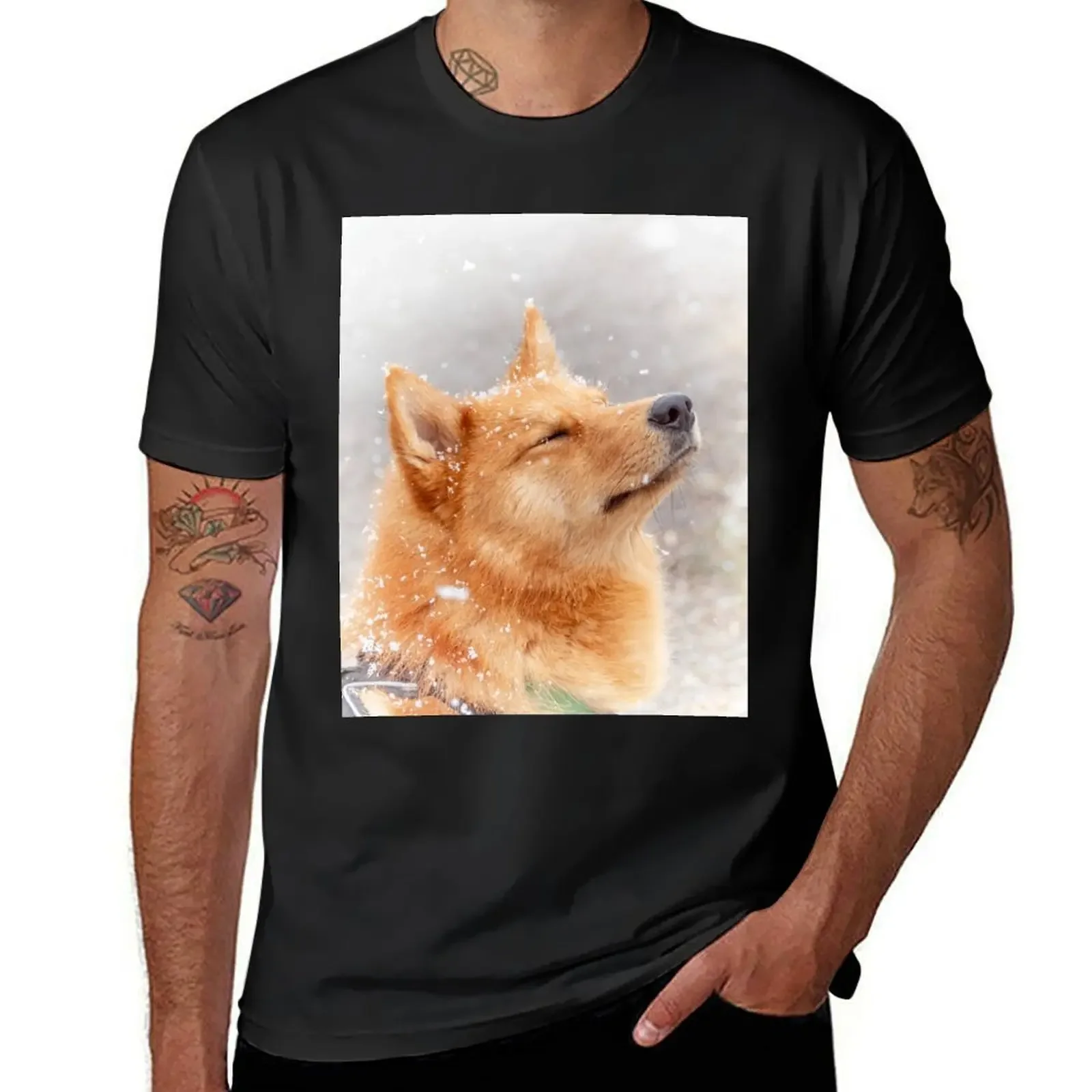 Finnish spitz in snowflakes T-Shirt summer top cute tops mens clothing