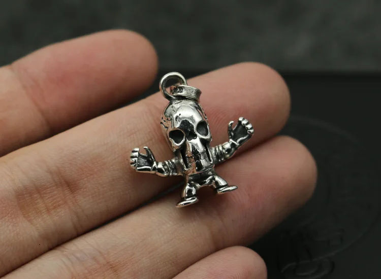 Hip hop all silver jewelry, pure silver punk personality pendant, trendy skeleton soldier necklace pendant