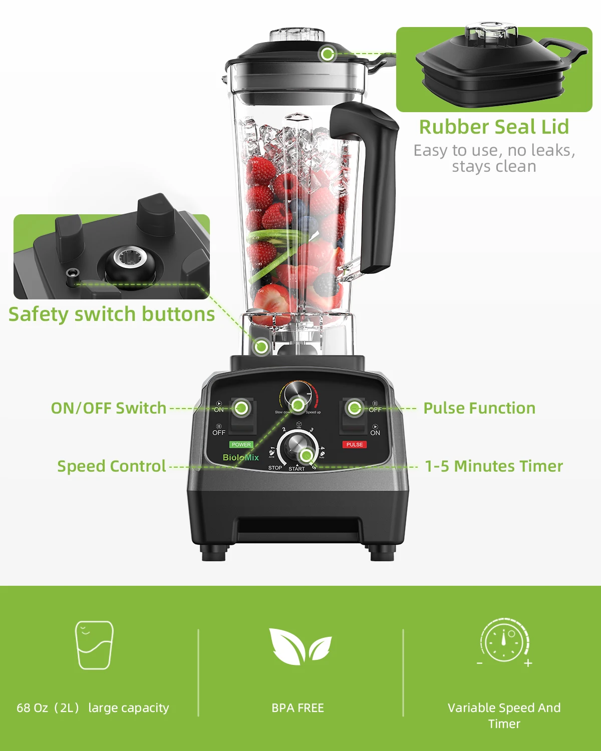 2200W Peak 3HP Commercial Heavy Duty Blender 2L Food Processor with Timer