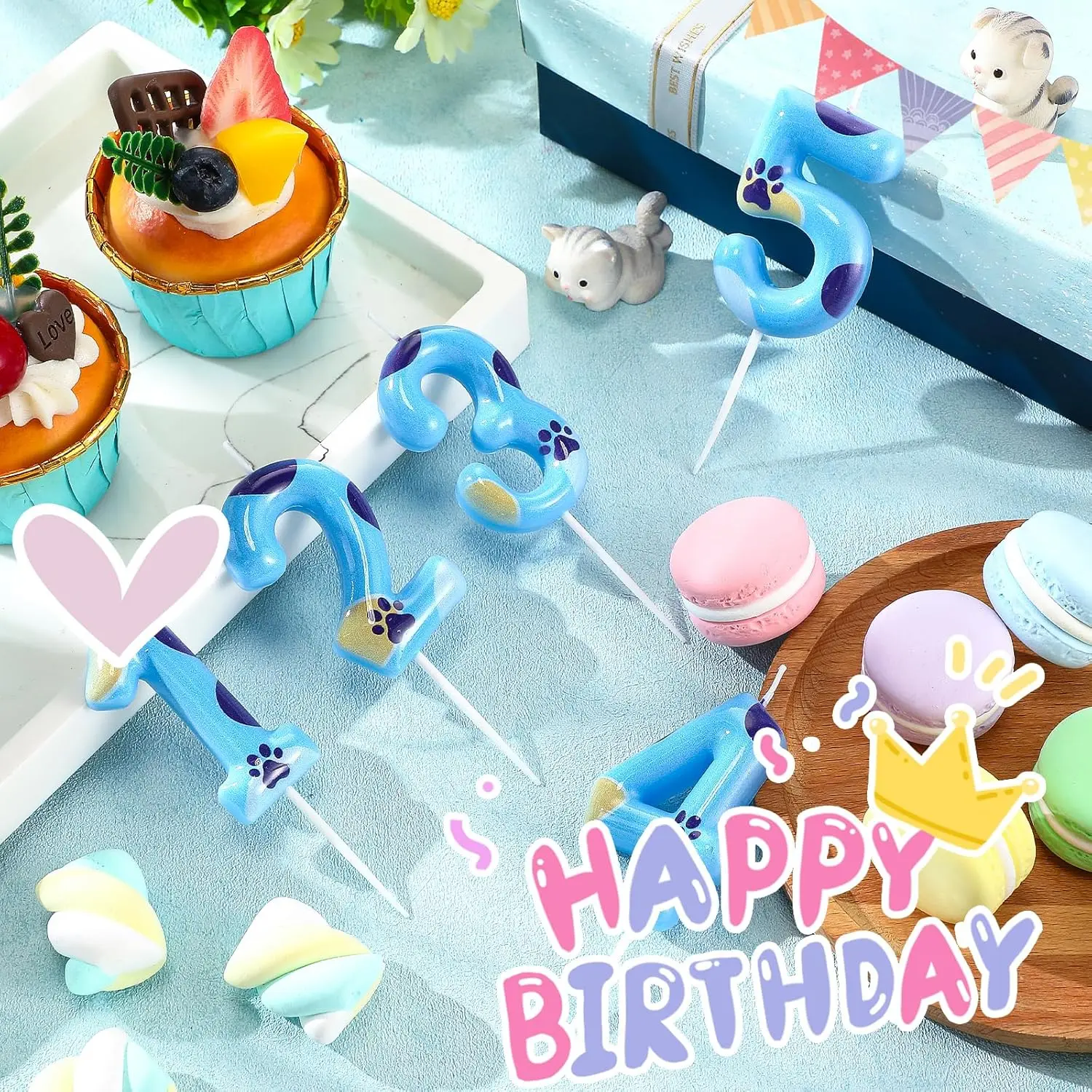 Blaue Hundepfoten-Kerzen Nummer 1-7 Geburtstagstorten-Dekorationen Kuchen-Cupcake-Topper für Jungen- und Mädchen-Geburtstagsdekoration – Detail 4
