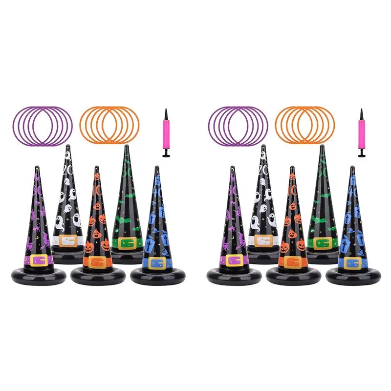【BIG SALE】2X Halloween Party Games, Inflatable Witch Hat Ring Toss Game With Points, Plastic Ring Toss, Air Pump