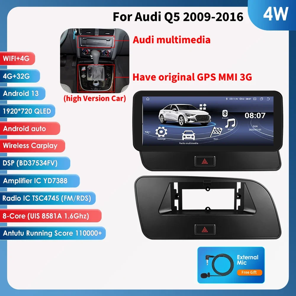 10,25'' AI-systemen Android autoradio stereo voor Audi Q5 2008-2017 WiFi 4G LTE 8+128GB CarPlay BT IPS touchscreen GPS multimedia