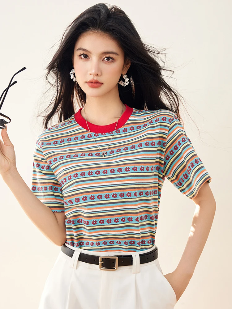 Frauen T-Shirt 2025, Sommer Neue Kontrast Farbe Gestreiften Kurzarm T-shirts Mode Oansatz Top Süße Casual Pullover