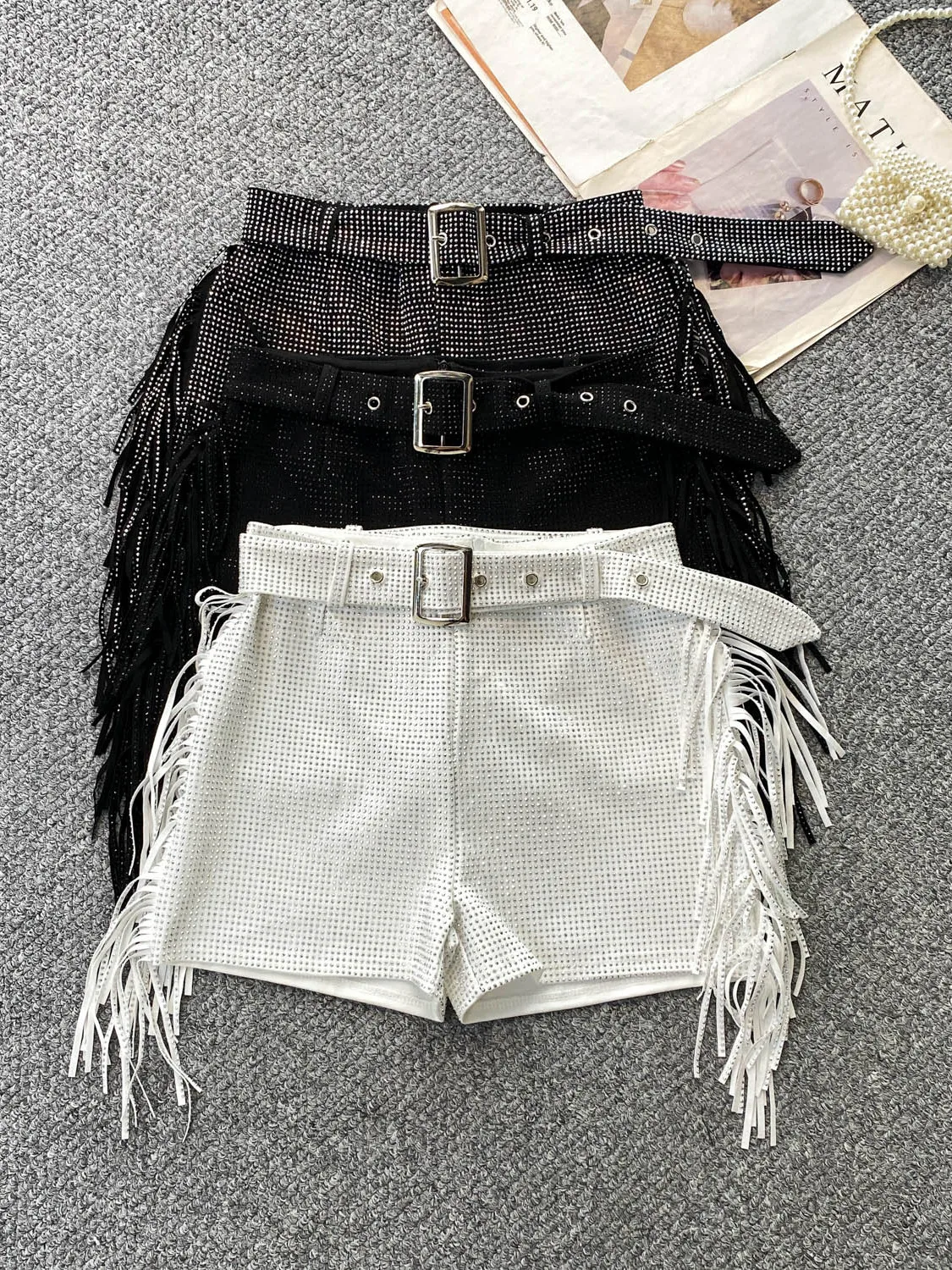 Fashionable High Waist Sequin Shorts Women Summer Performance Tassel Belted Slimming Hot Pants Trendy Straight Leg Casual Pants