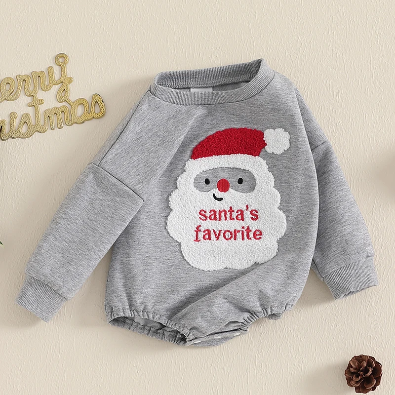 Fuzzy Santa bordado manga comprida Natal Romper, gola redonda Bodysuit, playsuit recém-nascido
