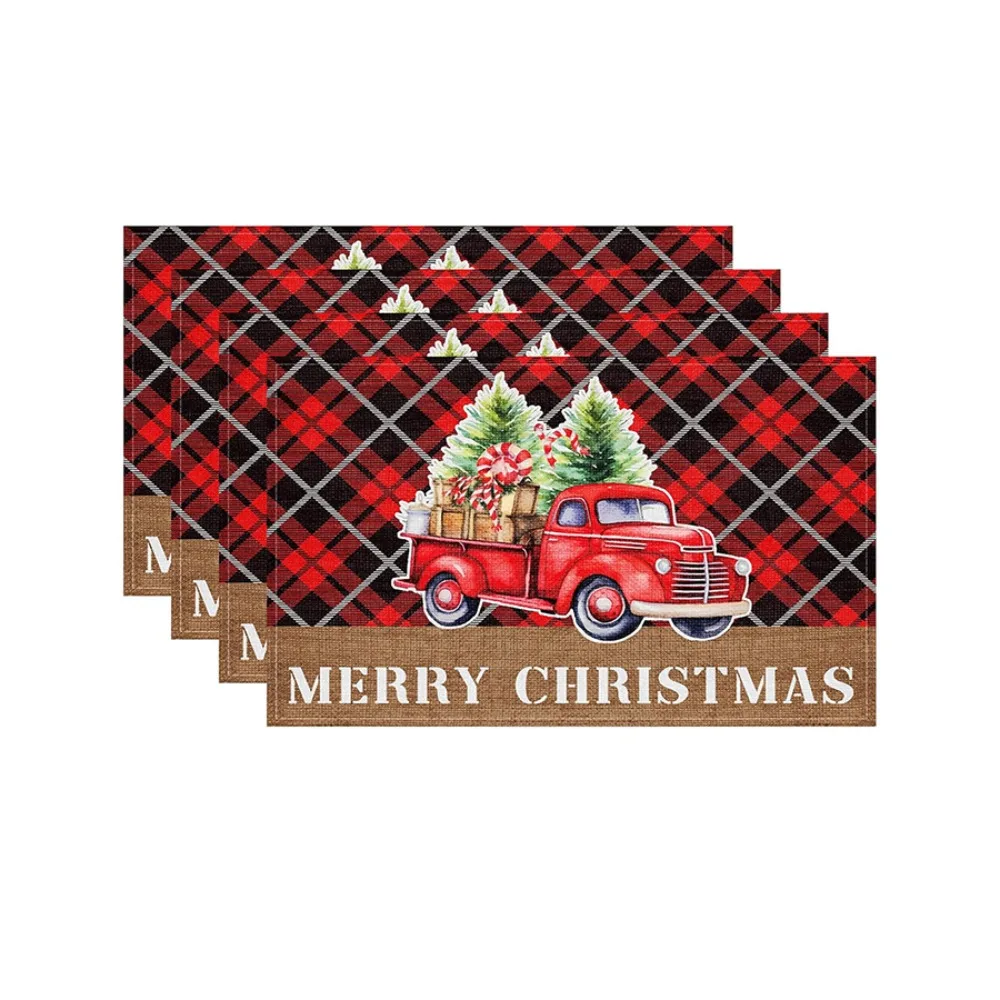 4PCS Linen-like Christmas Tree Placemats Anti-slip Stain-resistant Christmas Tableware Mat Wear-resistant Washable
