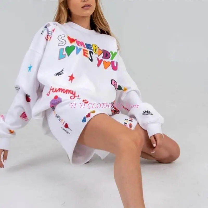 

N5KF Женская толстовка с длинным рукавом в стиле Харадзюку, негабаритные топы с красочными буквами и граффити