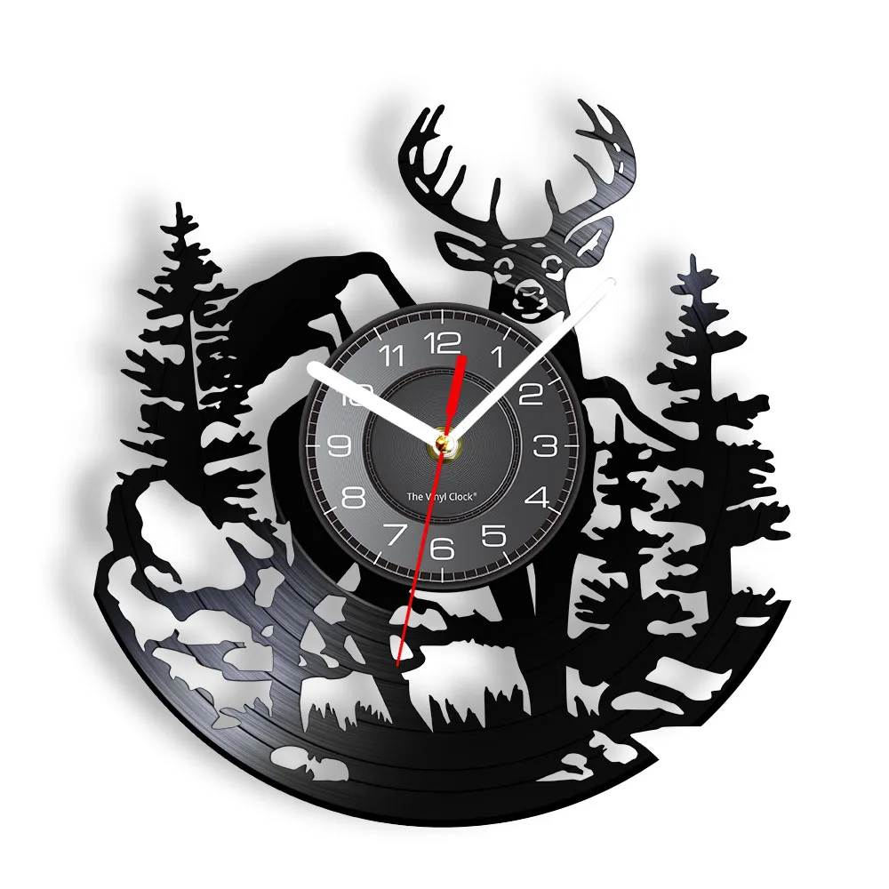 Birch Tree Forest Deer Wall Art Woodlands Buck Wall Decor Vinyl Record Clock Mancave Hunting Club Animals Vintage Wall Clock