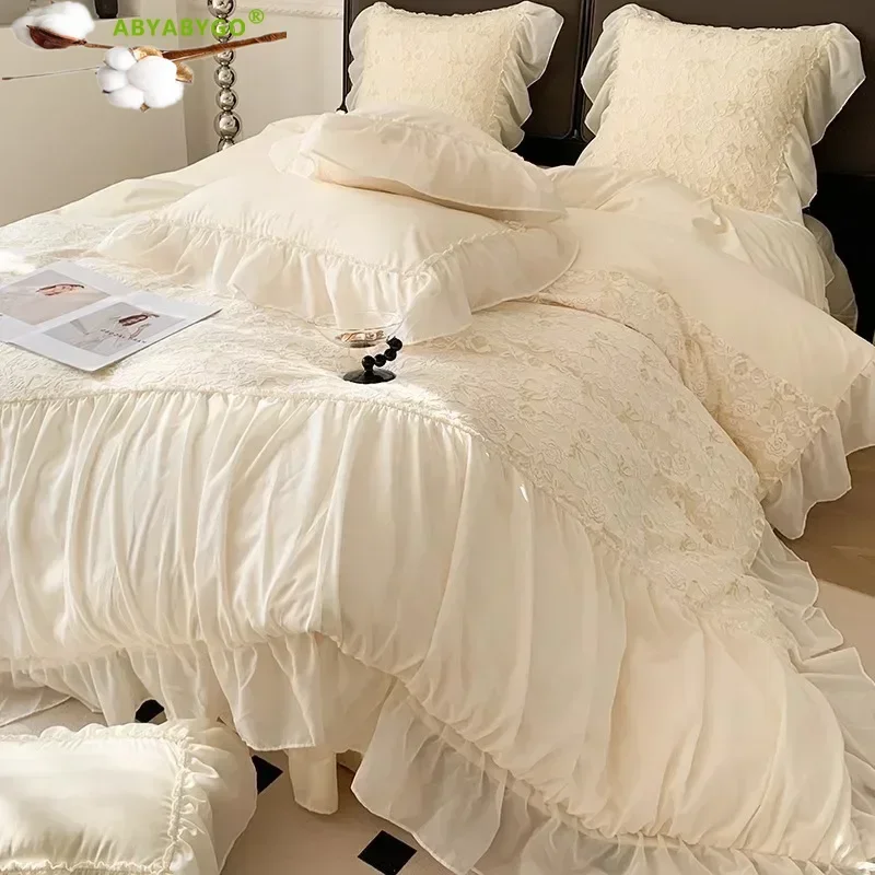 Bedding Set Luxury Romantic French Wedding Lace Flower Ruffles Pure Cotton Duvet Cover Set Bed Sheet Amd Pillowcases Bed Sets