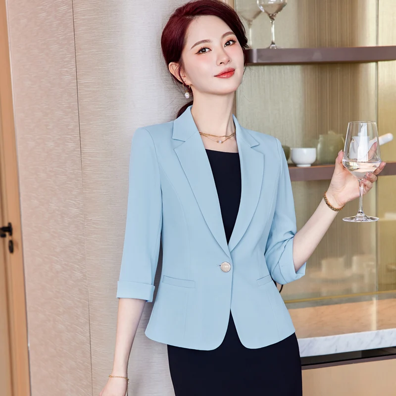 NAVIU Elegant ผู้หญิง Blazer ฤดูใบไม้ผลิฤดูร้อนใหม่ Professional Slim ครึ่งแขนเสื้อสํานักงานสุภาพสตรี Casual Work Coat Tops