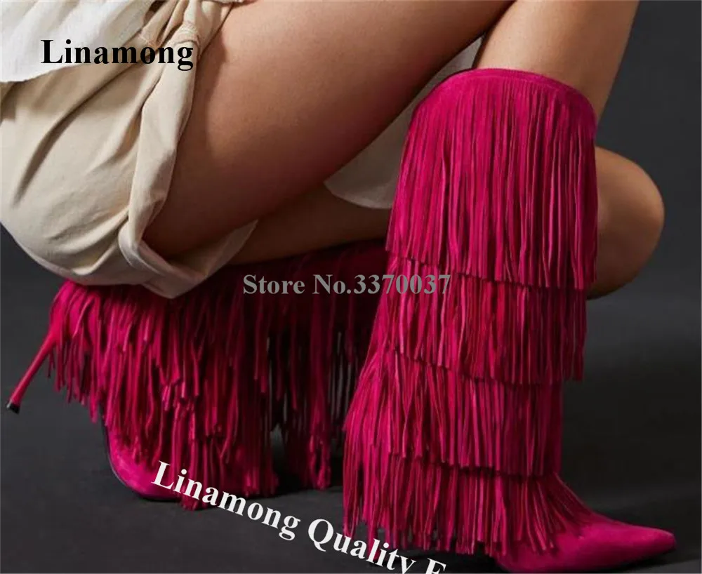 

Linamong Charming Long Tassels Mid-calf Boots Sexy Pointed Toe Hot Pink Brown Suede Stiletto Heel Fringes Long Boots Dress Heels