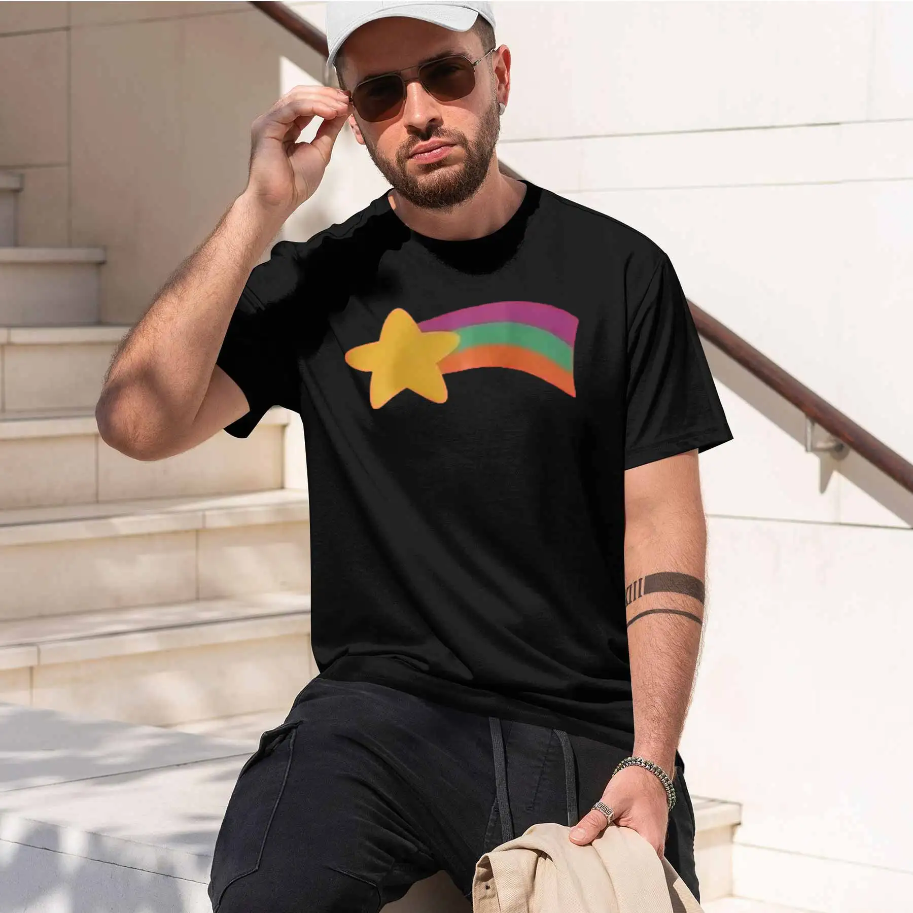 new printed T-shirt printed with  Men's Fun Rainbow Meteor Print Short Sleeve T-shirt Casual Loose Breathable Crewneck Top