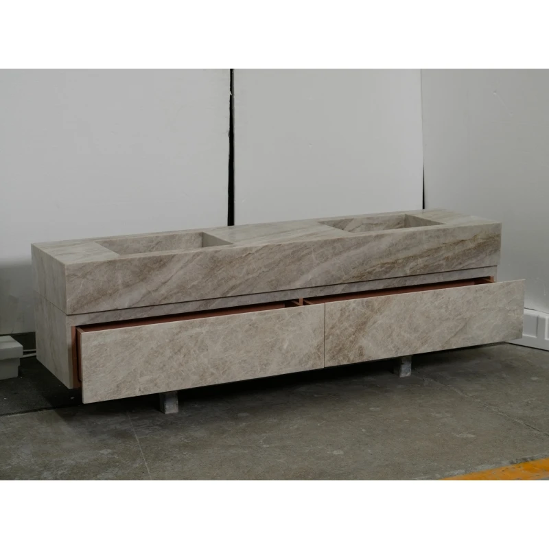 SH STONE Taj Mahal Quartzite Bathroom Integrated Vanity Wall-mount Hotel Modern Design Villa Double Sink Wash Basin with Drawers