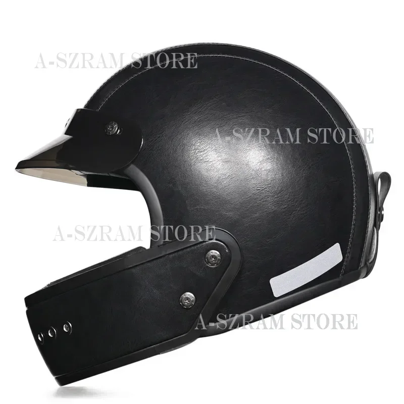 Retro Helmet Leather Lining Motorcycle Full Helmet Removable Chin Vespa Locomotive Men Women Lightweight Small Shell Capacete