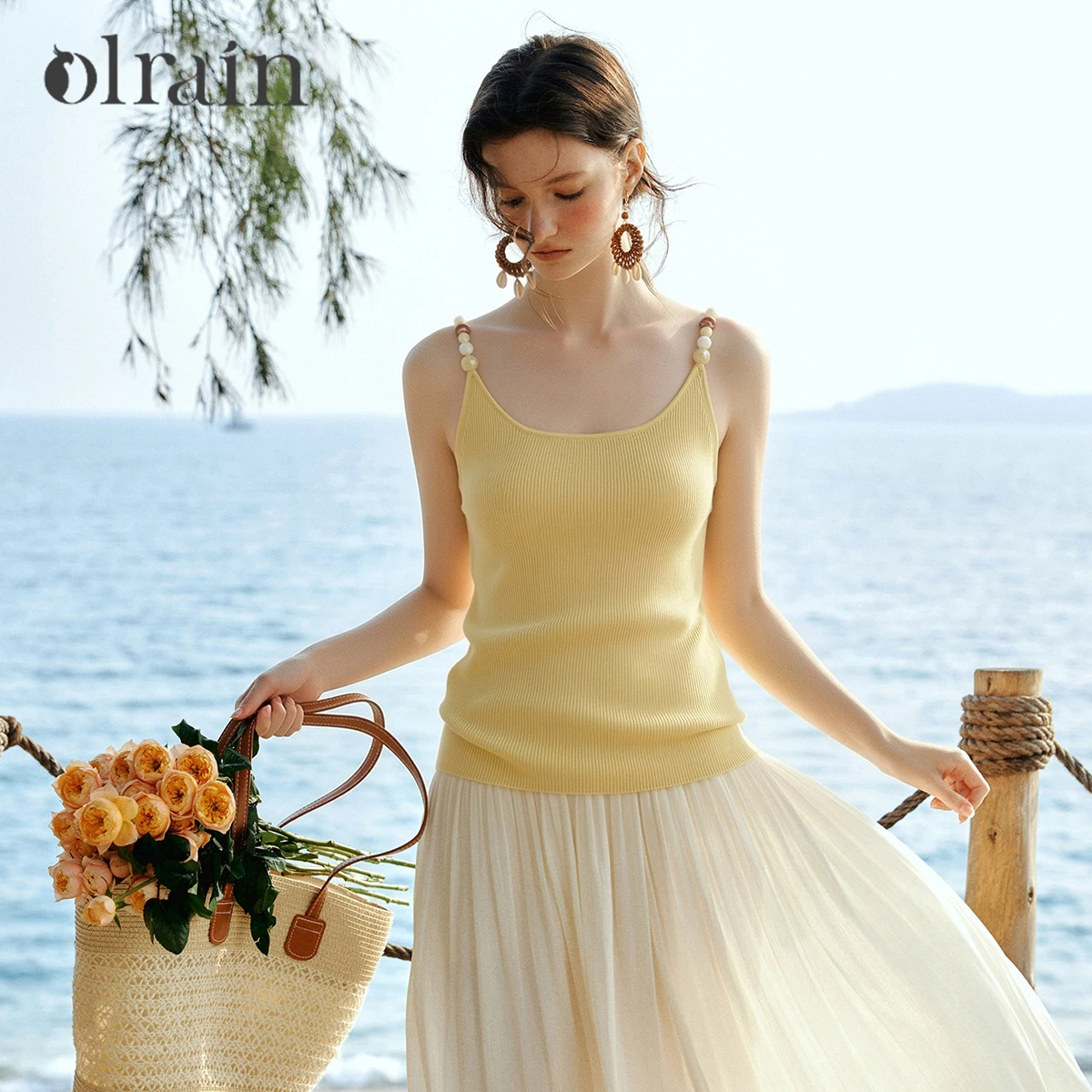 OLrain Casual U-Neck Ribbed Knit Cami for Women 2026 Summer Contrast Beaded Slim Fit Versatile Sleeveless Short Top O58XD006363