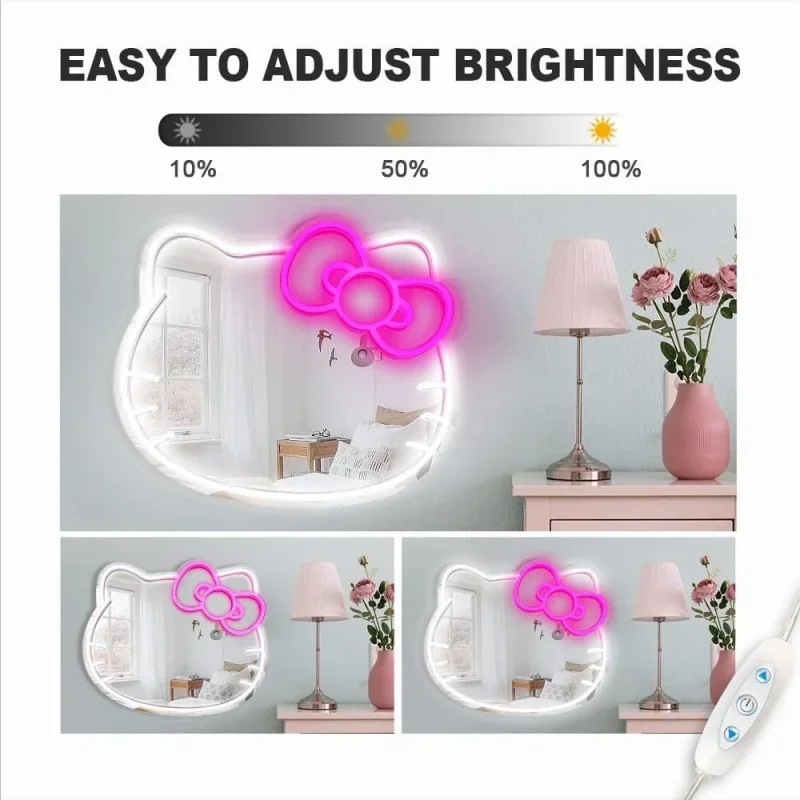 Anime Cat Signs LED Neon Lights Makeup Mirror KT Cat Neon Wall Sign Art Home Decoration Lamp for Hello Kit Kawaii Room Decor