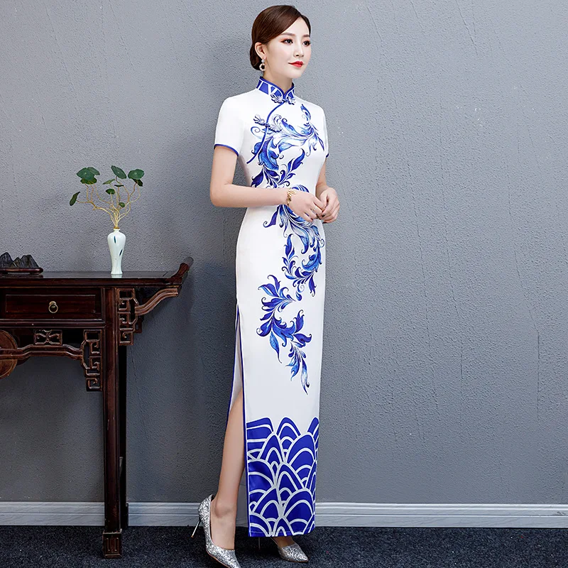 White Luxury Sequins Gorgeous Long Fork Satin Cheongsam Stage Show Dance Dress Elegant Sexy Slim Bodycon Qipao Fashion Gown