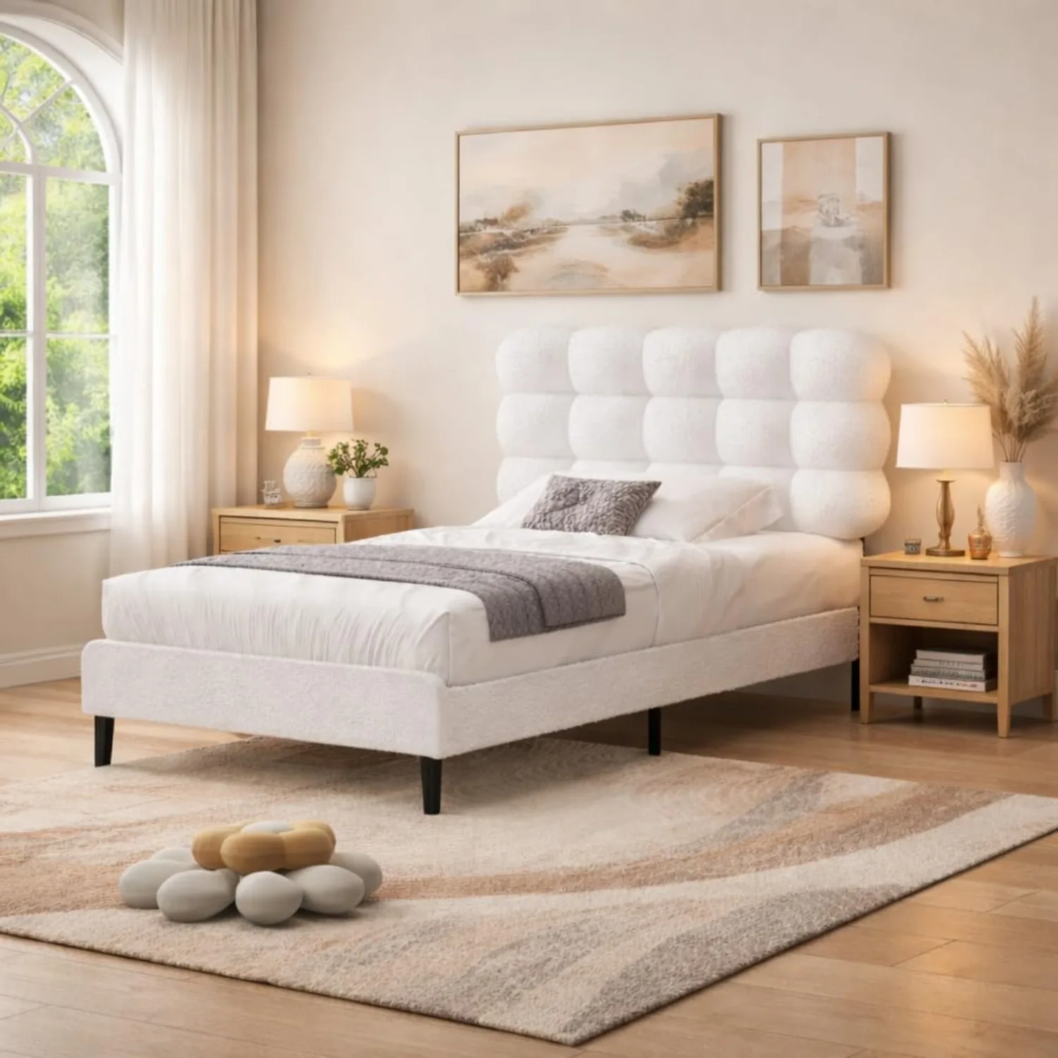 Twin Bed Frame, Platform Bed with Upholstered Headboard, Soft Boucle Bed Frame with Wooden Slats Support, Customized