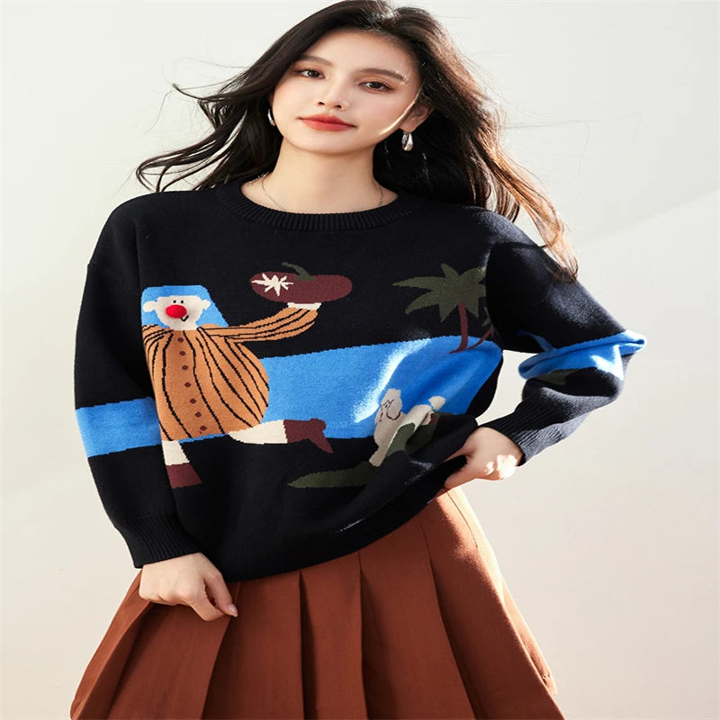 2024 Autumn New Pullover Knitted Sweater Chic Design Loose Lazy Style Sweater Women Retro Round Neck Oversized Tops