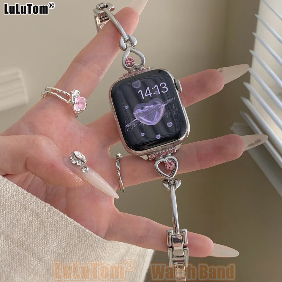 

Ювелирный ремешок с сердечком и бриллиантами для Apple Watch Band 38 40 41 42 44 45 46 49 мм iWatch Series 10 9 8 7 6 5 4 SE Ultra Женские браслеты