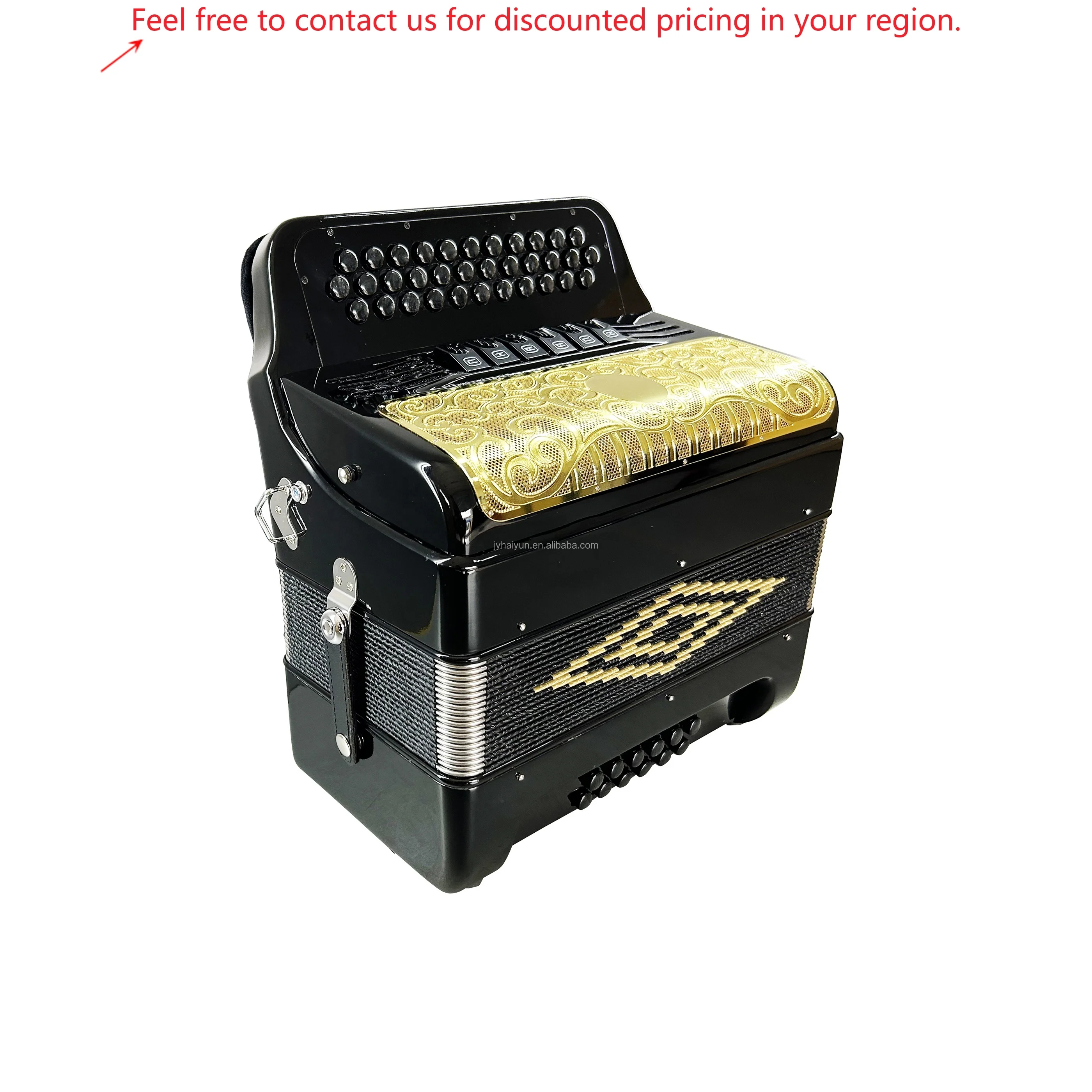 

Professional OEM Diatonic Accordion Instrument JB3412E 34 Buttons 12 Bass 6 Registers Bright Black Body Gold Grill Black Buttons