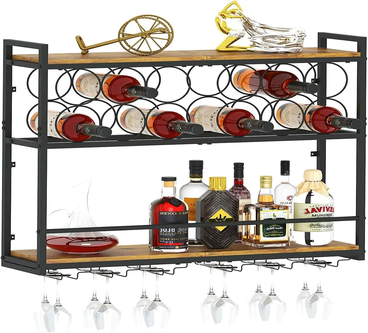 

Wall Mounted Wine Rack with Horizontal Bottle Holder and Glass Storage, Rustic Wood Finish for Kitchen Decor