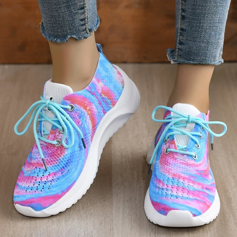 Fashion Rainbow Mesh Platform Sneakers for Women Summer Non Slip Knitting Tennis Shoes Woman Lace Up Casual Walking Trainers