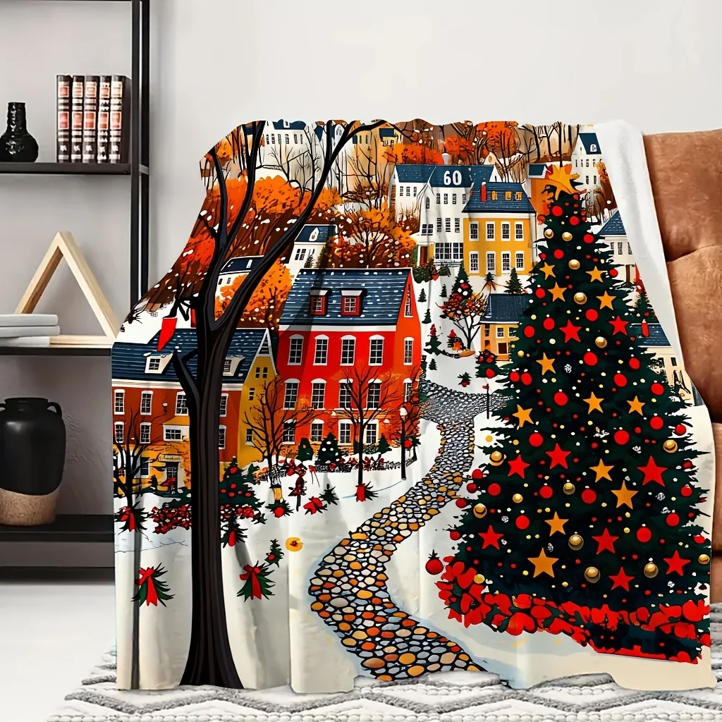 1pc Winter Town Christmas Tree Street Landscape Print Flannel Blanket, Skin-friendly and Cozy, Suitable for Blankets, Kid Bed Co