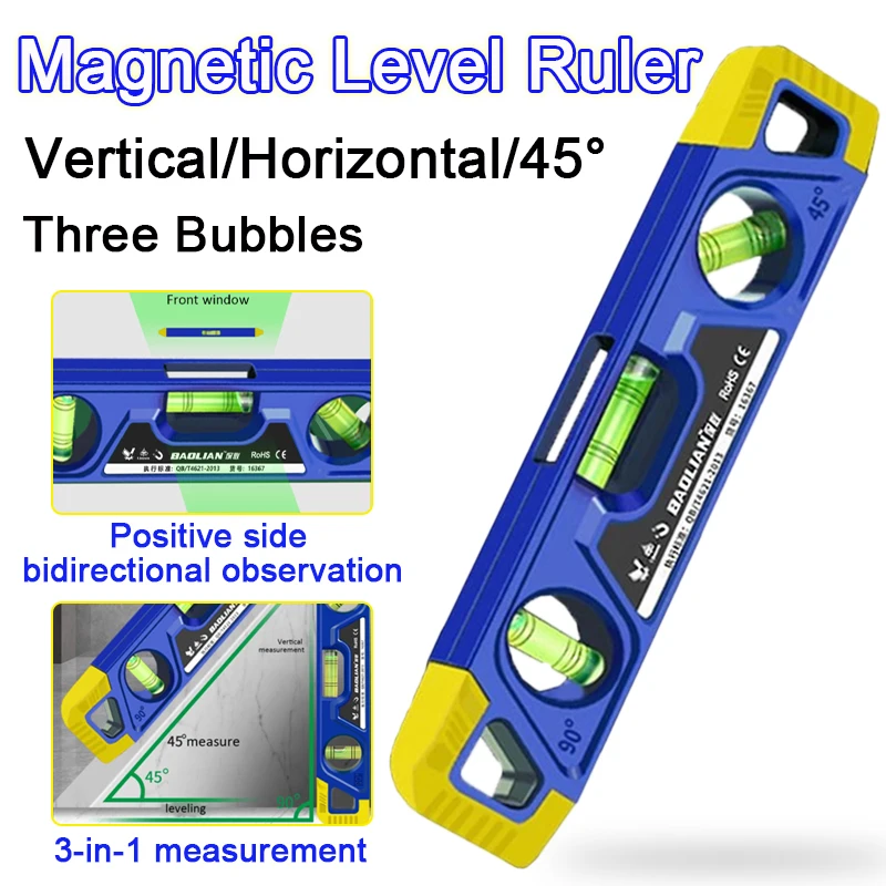 225mm Mini Magnetic Level Ruler Three Bubbles Horizontality Gauge 0° /45° /90° Magnetic Torpedo Ruler Shockproof Level Gauge